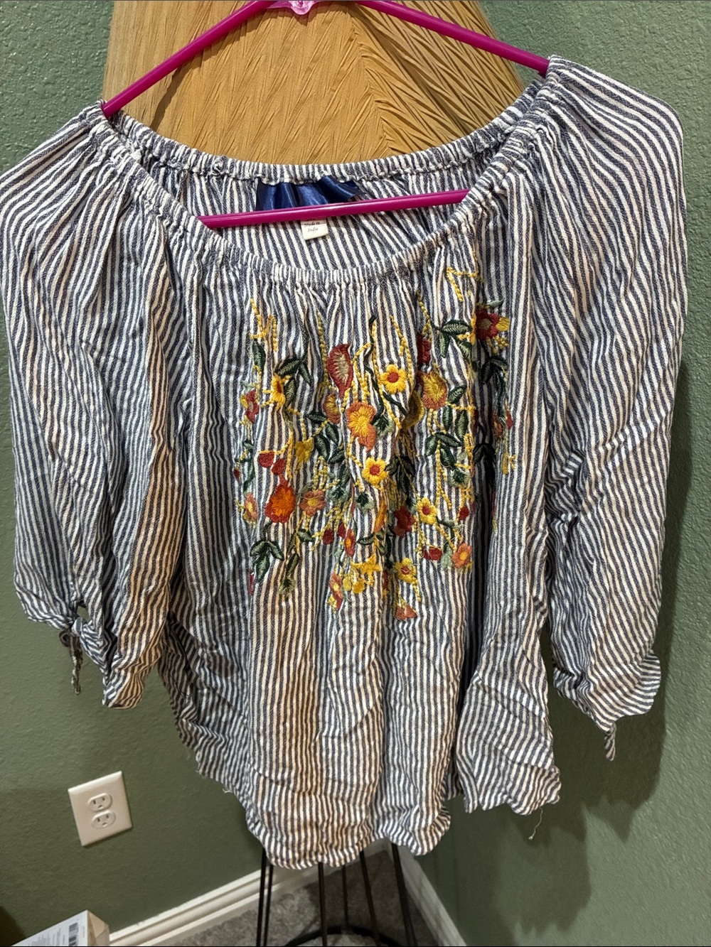 Striped Off-Shoulder Top with Floral Embroidery - Blue/White